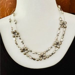 Five Delicate Flowers Silver-tone 2 Strand Necklace 16”